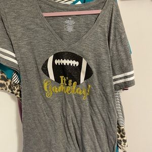 Football Game Day Blingy V Neck Cute Top XL